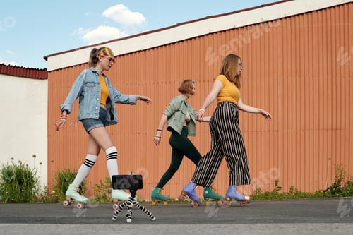 Preview: Row of girls on roller skates moving forwards in front of smartphone camera