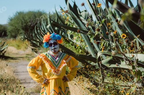 Preview: Mexican woman in colorful dress and skull makeup in the mexican desert