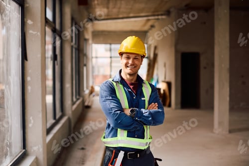 Preview: Happy worker with crossed arms at construction site looking at camera.