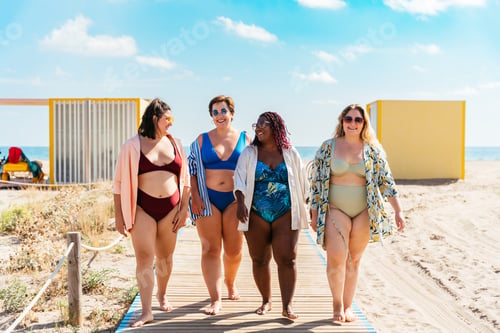Preview: Group of plus size women with swimwear at the beach
