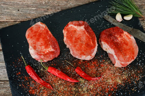 Preview: Close up of steak with rosemary and spices on dark rustic background
