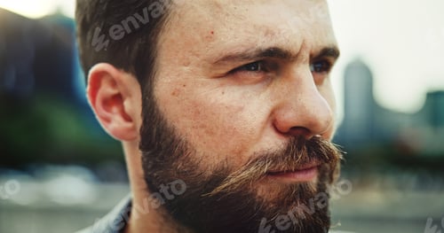 Preview: Future, thinking and businessman in city for vision, insight or profile closeup. Face, urban profes