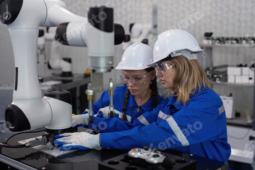 Preview: Female senior robotic engineer in modern factory teach new comer operate and maintenance robot arm