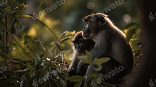 Preview: Monkey with Companion Amidst Foliage in the Morning