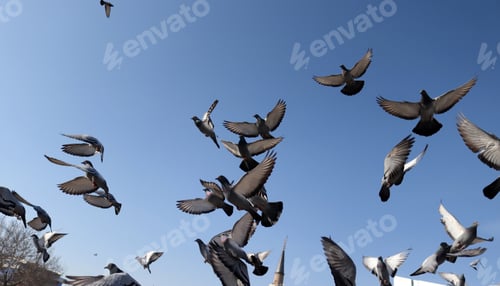 Preview: A flock of pieons captured in flight
