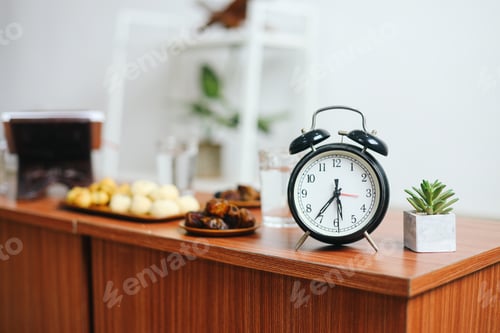 Preview: Alarm Clock Against Iftar Food Background