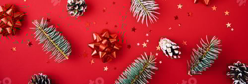 Preview: Christmas decoration on red background, top view