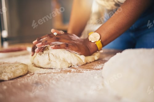 Preview: Baking, hands and woman in a kitchen for bread, pizza or handmade food at home. Wheat, mix and fema