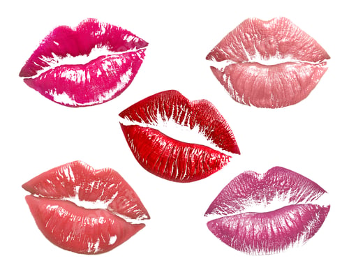 Preview: Lipstick kiss marks in different colors on white background, set