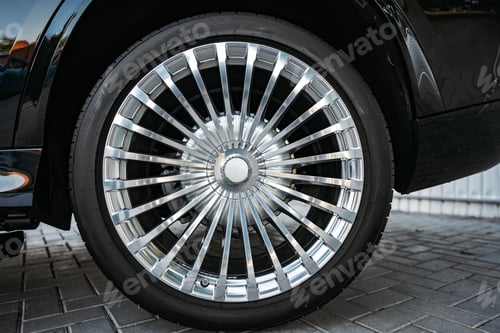 Preview: Aluminium rim of luxury black suv car wheel close up
