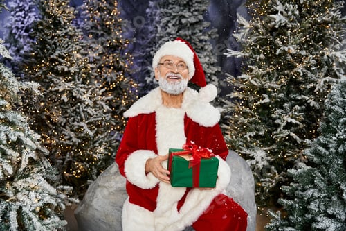 Preview: Santa Claus joyfully holding a gift in a snowy forest decorated for the holidays