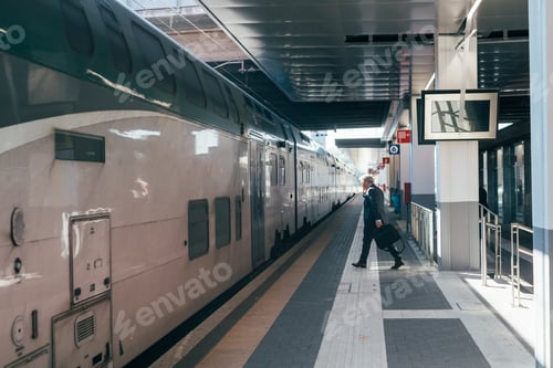 Preview: Middle-age businessman in a railway station talking smart phone