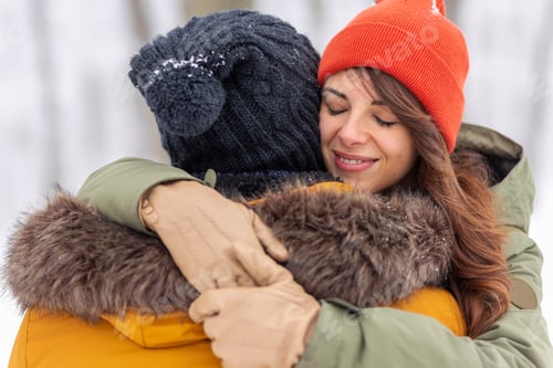 Preview: Couple hugging in the snow