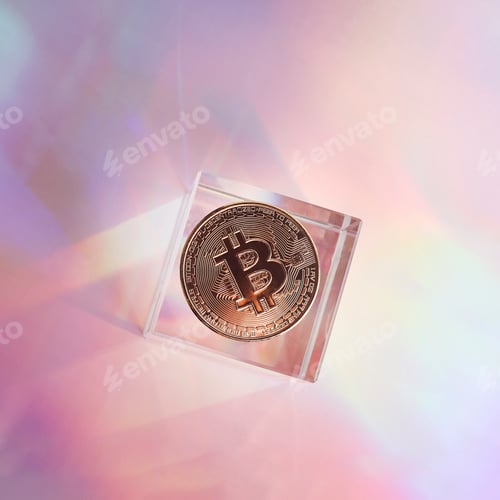 Preview: Golden bitcoin coin on holographic, abstract, neon background. digital currency, business style.