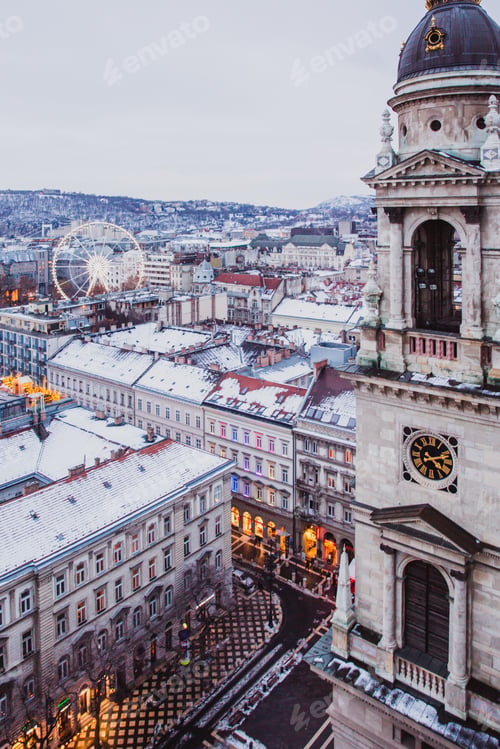 Preview: View of Budapest from St. Stephens Basilica, Budapest, Hungary on a snowy foggy day