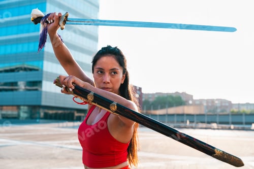 Preview: Chinese young woman practicing wushu kung fu.