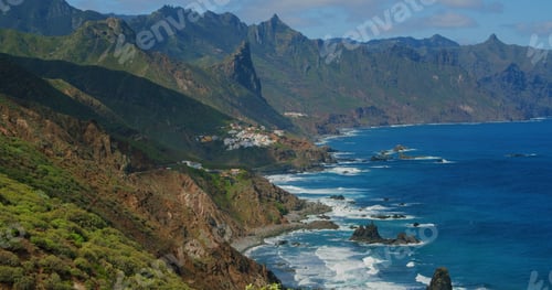 Preview: Atlantic Ocean and cute town or village Almaciga. Playa del Roque de las Bodegas, north of Tenerife