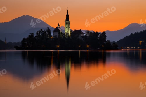 Preview: Sunrise on Bled Lake with Pilgrimage Church, Bled, Slovenia, Europe