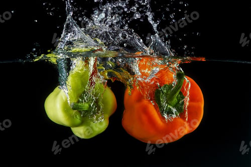 Preview: Falling Bulgarian sweet orange and green peppers into the water, spray for design