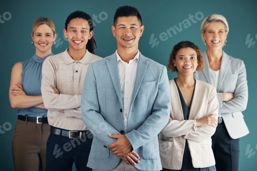 Preview: Business people, team with leader and corporate group in portrait, collaboration and lawyers on stu