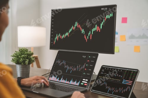 Preview: Stock exchange market concept, business people trader looking computer with graphs analysis.