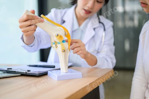 Preview: Close up of woman doctor holding bone model talking to a patient sitting at table in diagnosis room