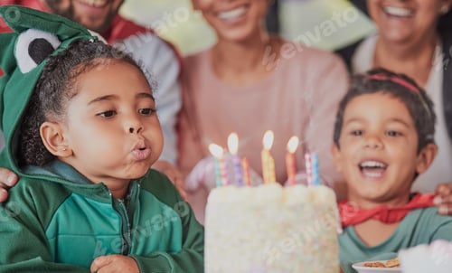 Preview: Birthday, party and happy family with girl and candle on cake for celebration, gift and announcemen