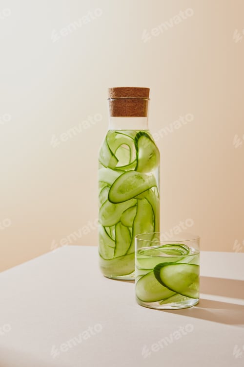 Preview: Glass and bottle with cork filled with fresh water and sliced cucumbers on beige background
