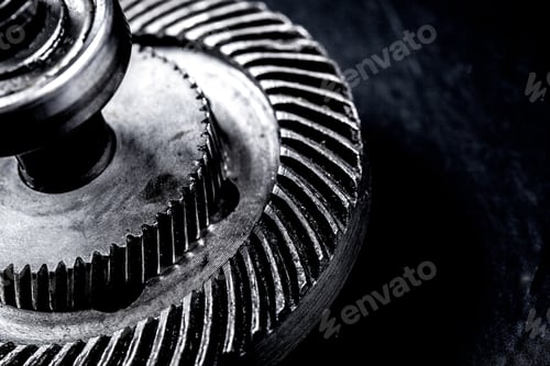 Preview: Close view of a metallic gear part on a dark surface during daylight