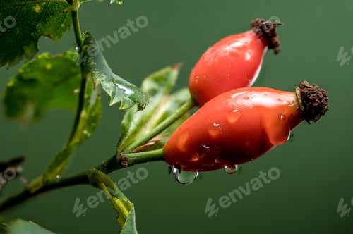 Preview: Red rose hip on a green background