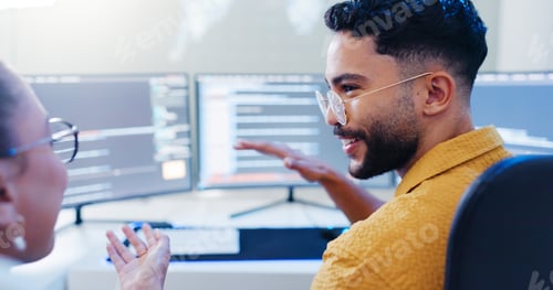 Preview: Team, happy and high five at computer for code, web development and success in programming. Man, wo