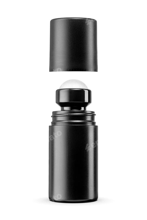 Preview: Black open plastic roll-on antiperspirant deodorant bottle isolated on white.