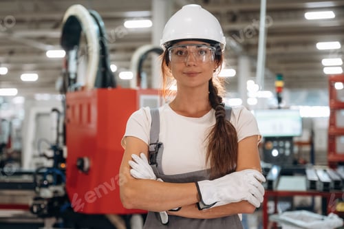 Preview: In white hardhat. Woman is in the window making factory