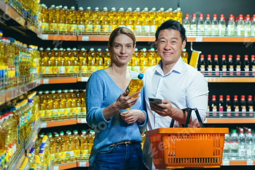 Preview: A young international couple, a woman and an Asian man, are choosing oil in a supermarket