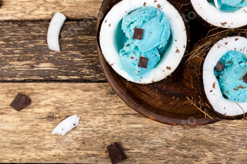 Preview: Blue ice cream in coconut bowl.