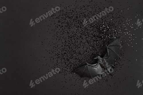 Preview: Top view of Halloween decoration with plastic bats. Party, invitation, halloween decoration