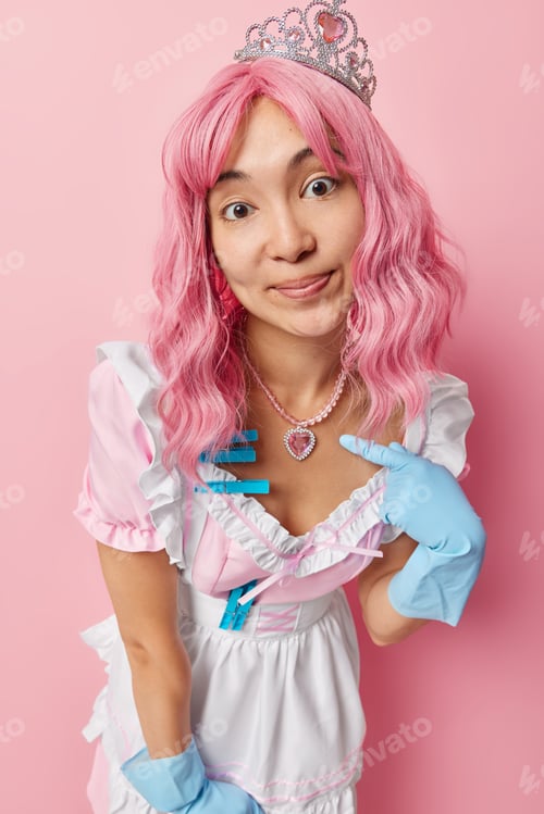 Preview: Indoor shot of pink haired chambermaid handles chores in house cleaned absolutely everything takes c