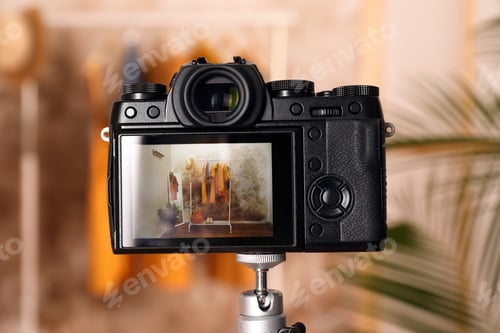 Preview: Taking photo of stylish clothes indoors, focus on camera