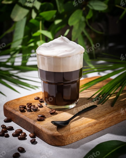 Preview: Iced coffee in a glass with foam on a wooden board on a light background with coffee beans
