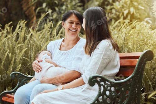 Preview: Family, women and sleeping baby at a park in summer, relax and conversation in nature. Happy family