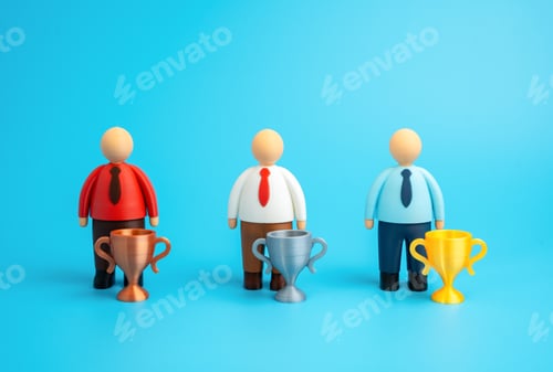 Preview: Office workers with first, second, and third place winners' cups. Competition and rivalry
