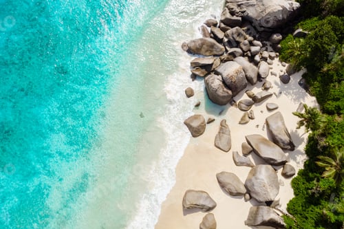 Preview: Drone view from above at a tropical beach in the Seychelles Mahe