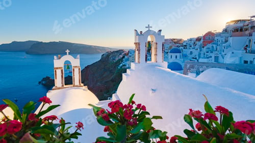 Preview: sunset at Oia Santorini Greece, traditional Greek village