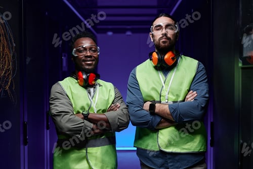 Preview: Two technicians standing in server room with arms crossed and looking at camera