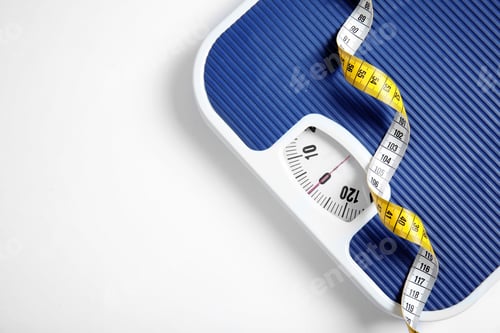 Preview: Modern scales and tape measure on white background, top view