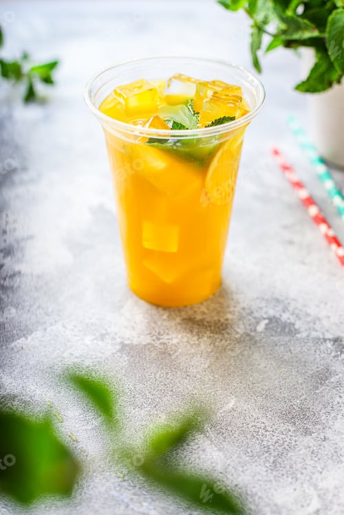 Preview: Orange Juice Drink Or Lemonade Mint Transparent Beverage Glass Cup Takeaway Drink Menu Concept