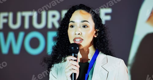 Preview: Stage, speaker and woman at seminar on business transformation, growth or development ideas. Techno