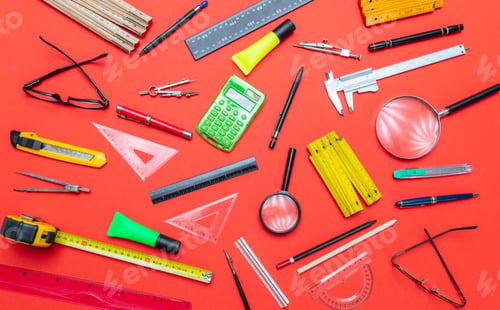 Preview: Project blueprints and engineering stationery on orange color