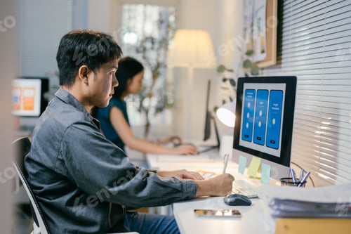 Preview: Two asian ui/ux designers are working together in the office, developing the user interface of a new