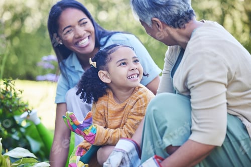 Preview: A mother, grandmother and daughter gardening together outdoor for growth or sustainability during s